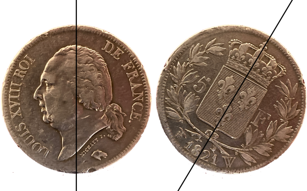 5 francs Louis XVIII 1821 W « Fautée »droit et revers