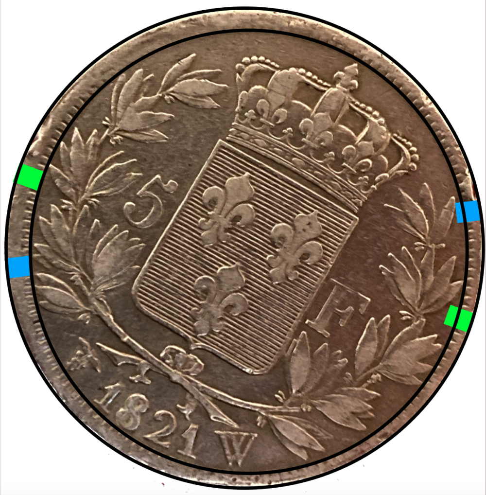 5 francs Louis XVIII 1821 W « Fautée » revers montage