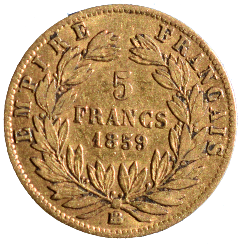 5 francs or Napoléon III 1859 BB revers