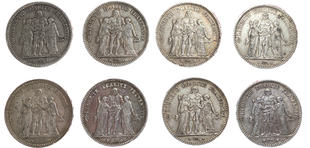 Lot de 8 monnaies en argent 5 francs Hercule III e République droit