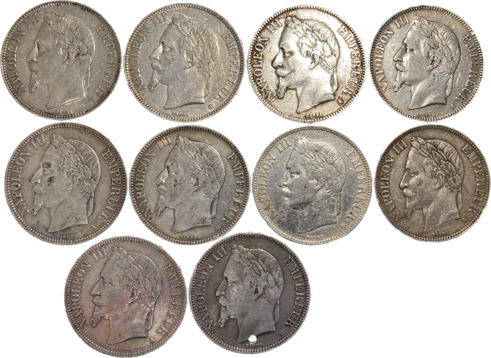 Lot de 10 monnaies en argent 5 francs Napoléon III droit