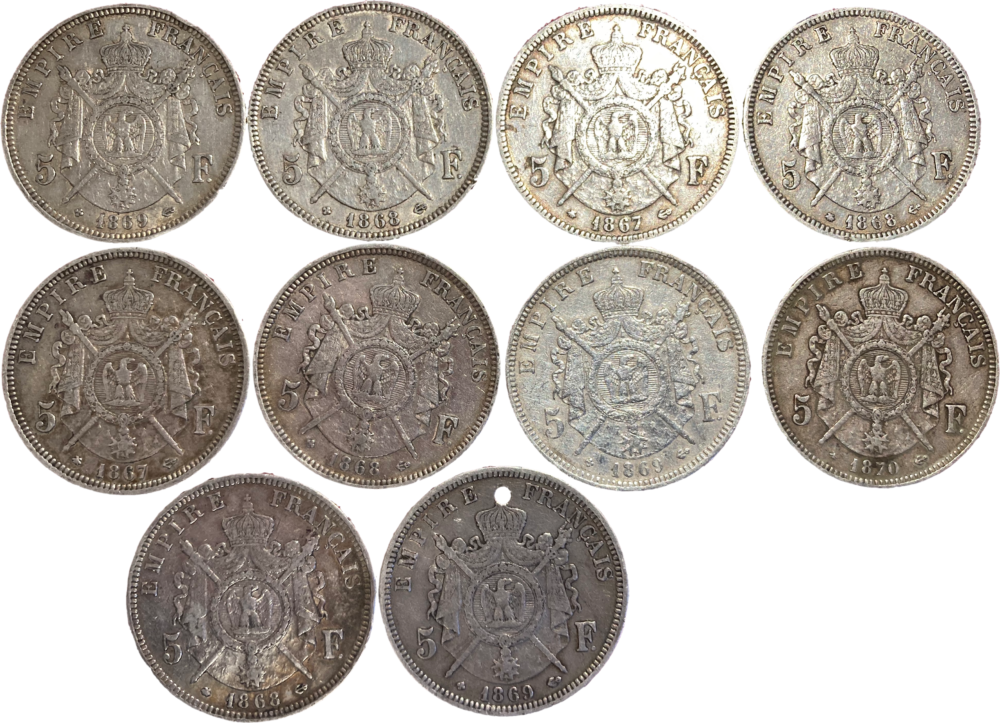 Lot de 10 monnaies en argent 5 francs Napoléon III revers