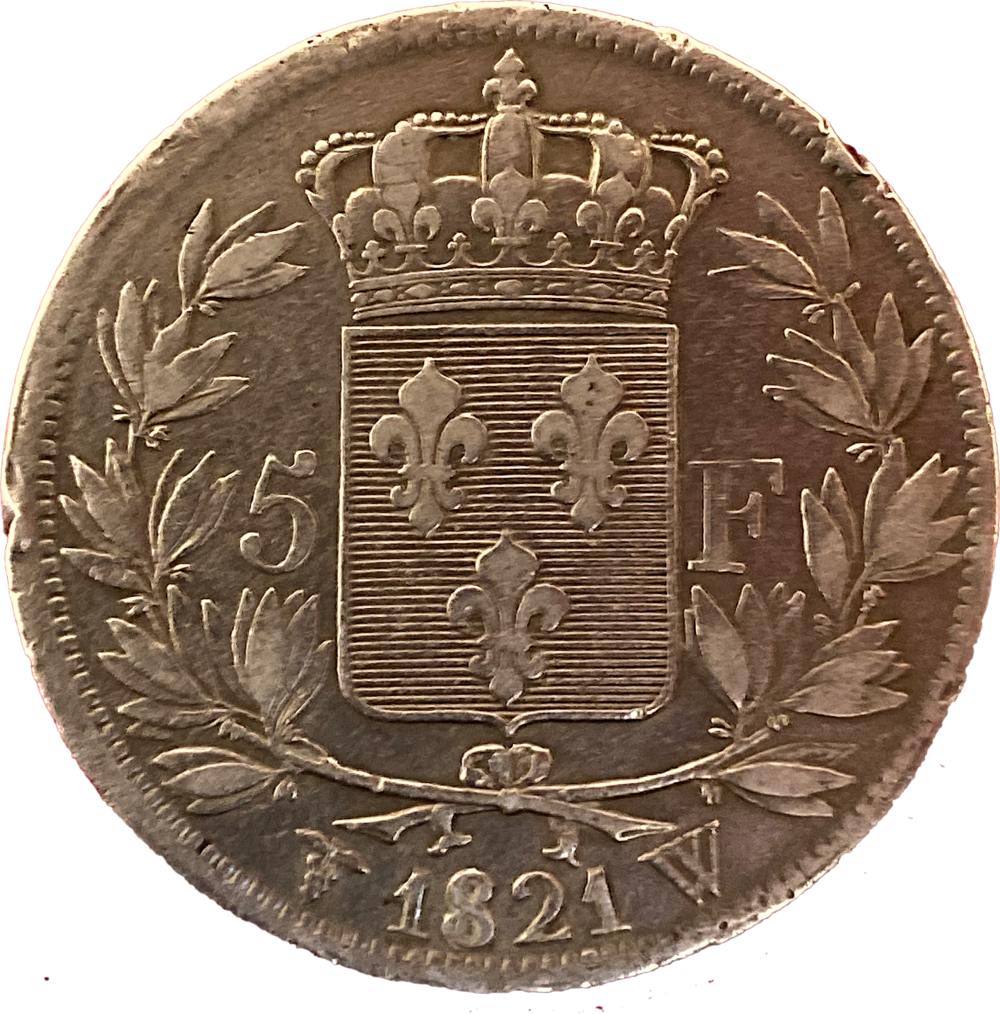 5 francs Louis XVIII 1821 W « Fautée » revers 2