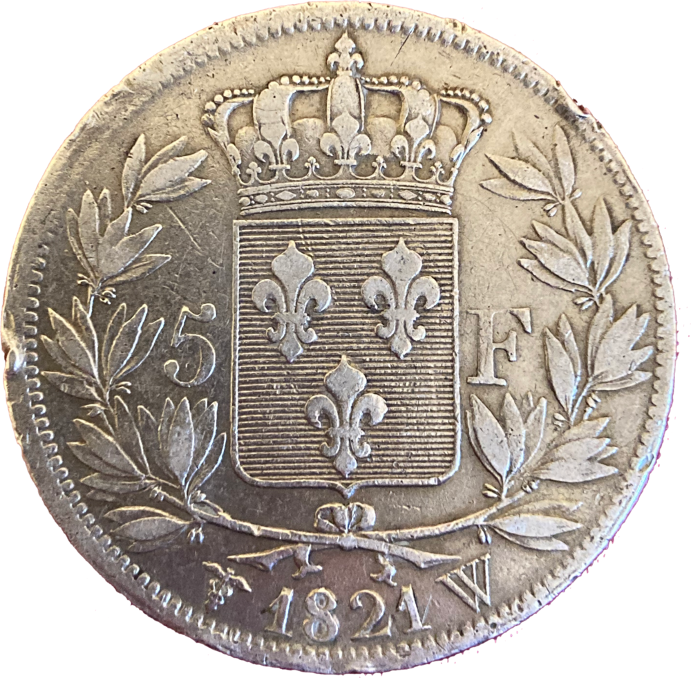 5 francs Louis XVIII 1821 W « Fautée » revers