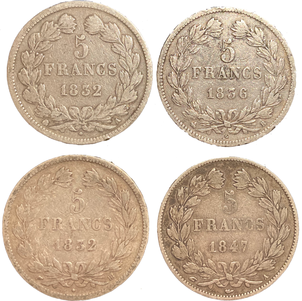 Lot de 4 monnaies en argent 5 francs Louis-Philippe I revers