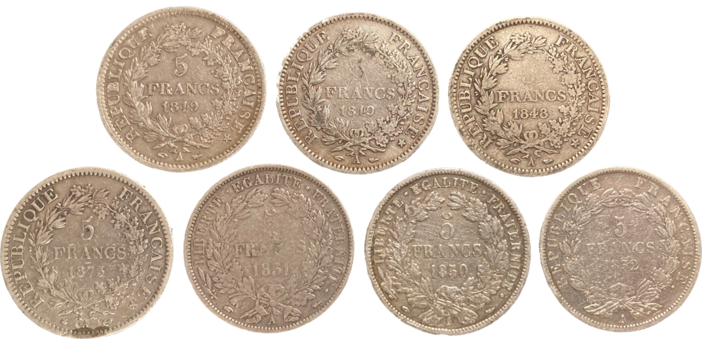 Lot de 7 monnaies de 5 francs IIe et IIIe République revers