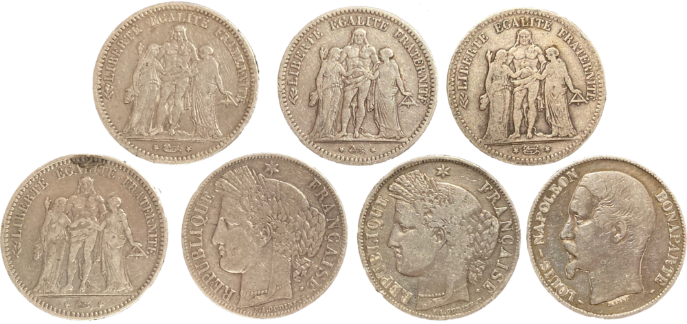 Lot de 7 monnaies de 5 francs IIe et IIIe République droit