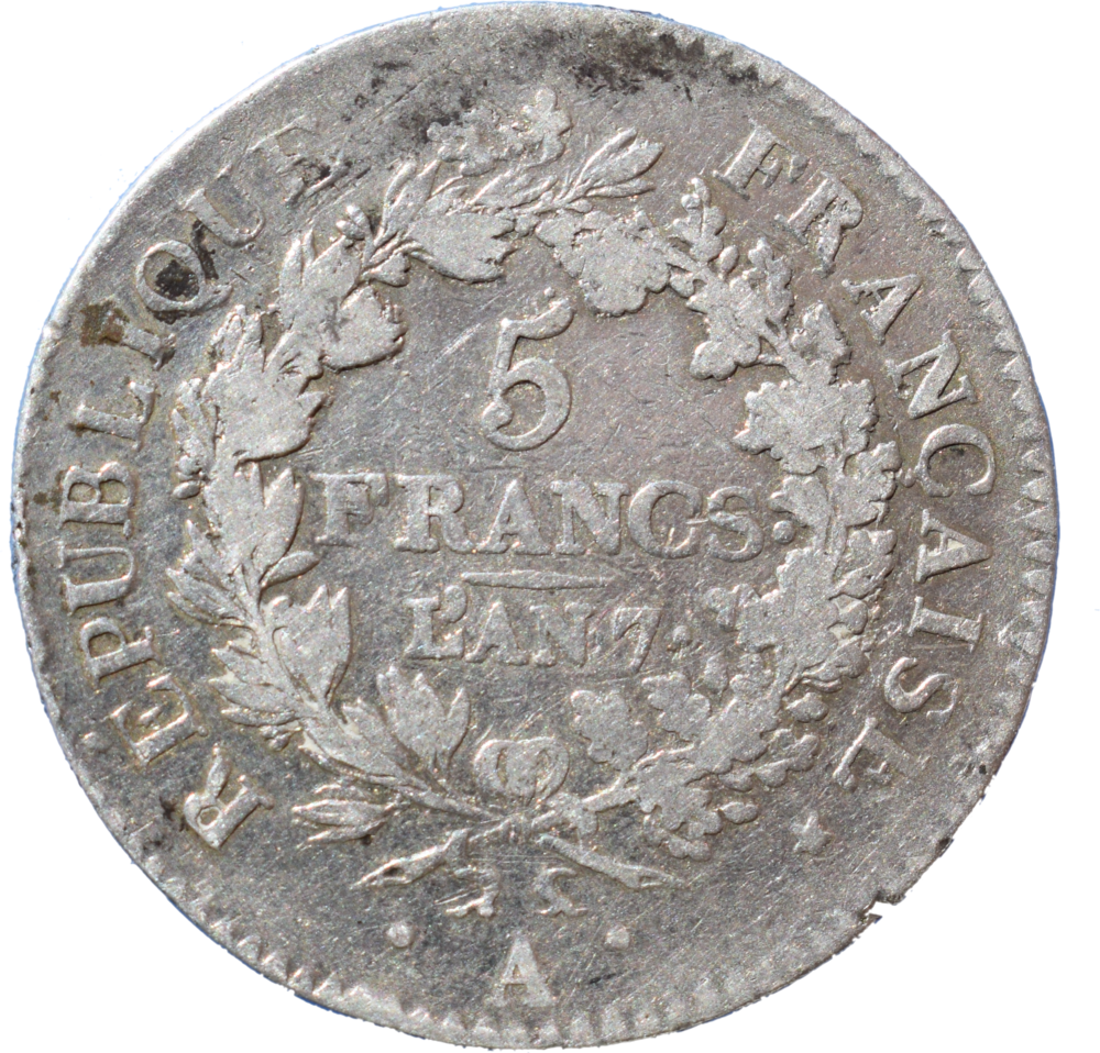 5 francs Union et Force sans virole AN 7 A (1798/9) revers