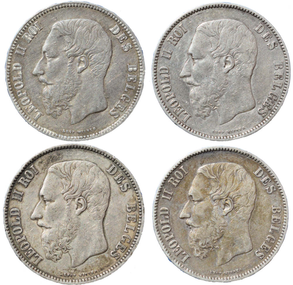 Lot de 4 monnaies en argent 5 francs Léopold II droit