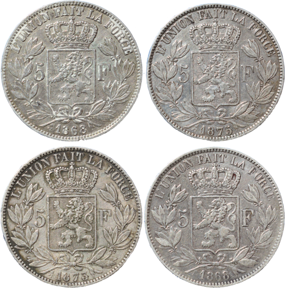 Lot de 4 monnaies en argent 5 francs Léopold II revers