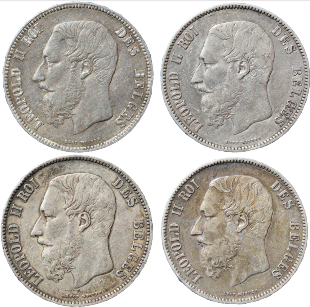 Lot de 4 monnaies en argent 5 francs Léopold II droit présentation