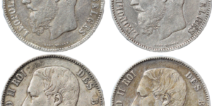 Lot de 4 monnaies en argent 5 francs Léopold II droit présentation