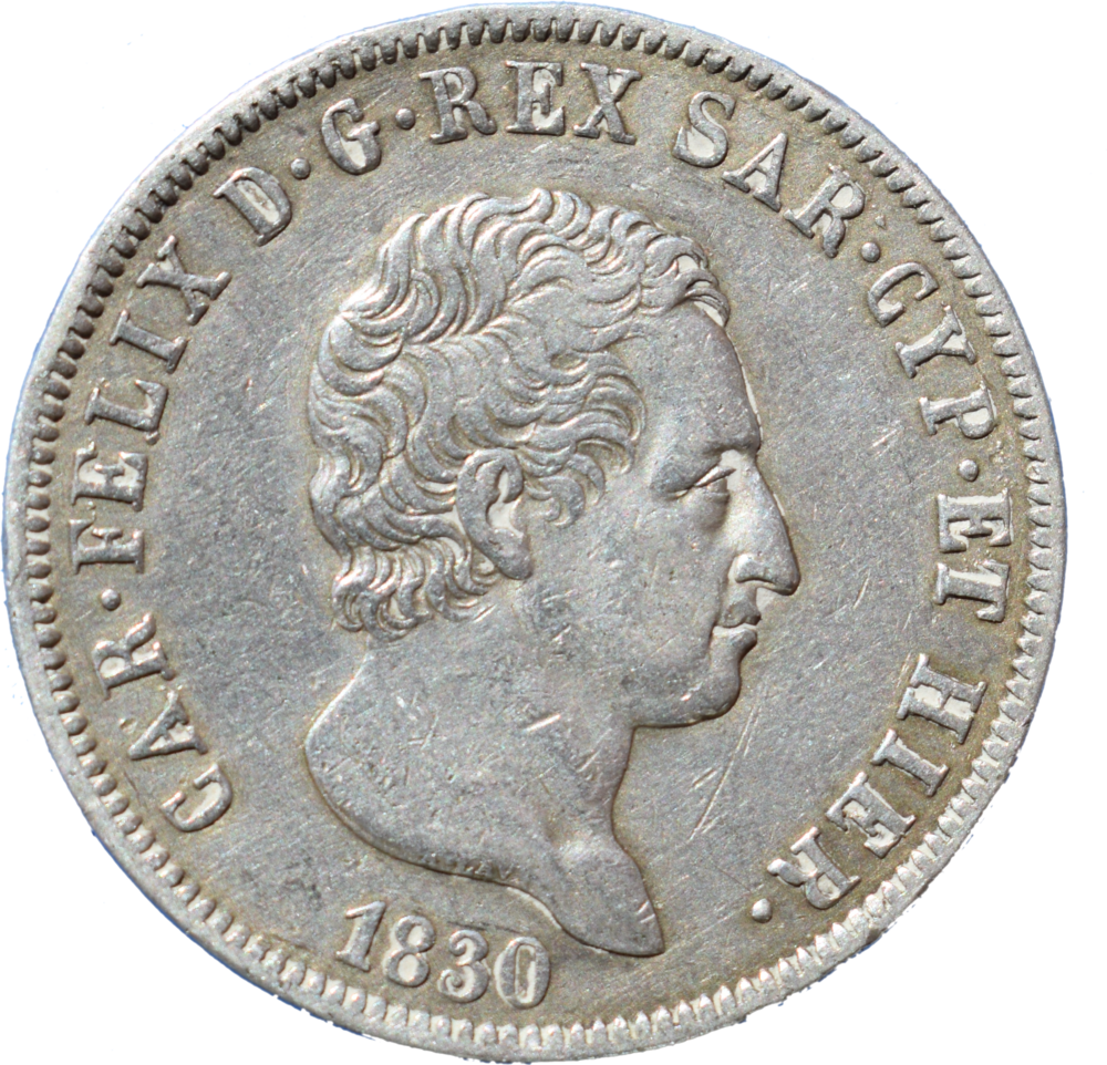 5 lire Charles Félix royaume de Sardaigne 1830 L droit