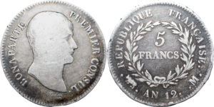 5 francs Bonaparte Premier consul AN 12 M (1803/4) droit et revers