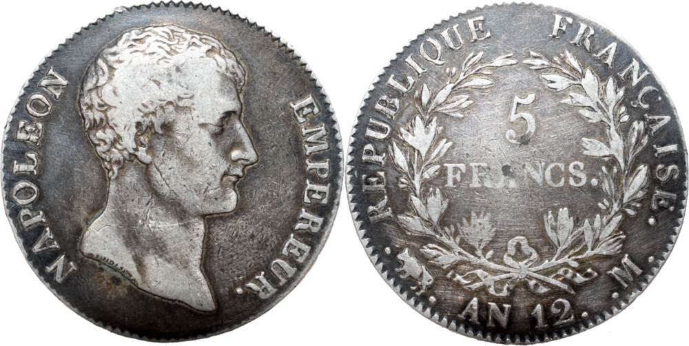 5 francs Napoléon Empereur AN 12 M (1803/4) droit et revers