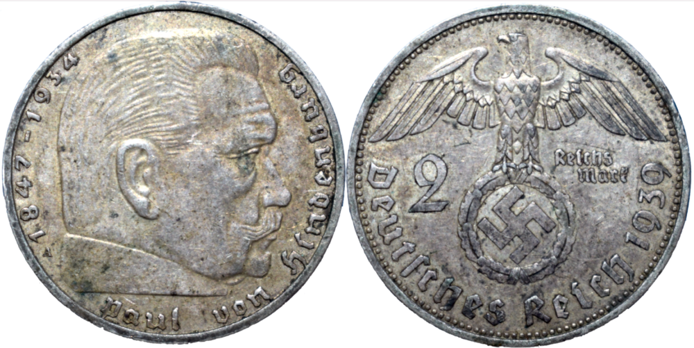 2 reichsmark 1939 A Paul Von Hindenburg droit et revers