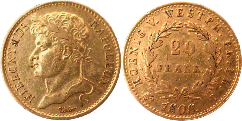 20 franken Royaume de Westphalie Napoléon Hieronymus 1808 C «fautée» droit et revers