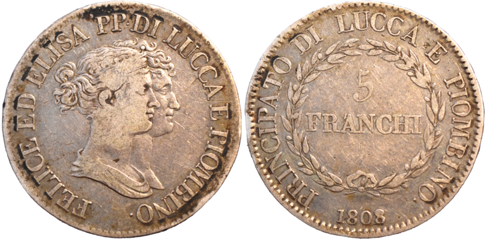 5 franchi Principauté de Lucques et Piombino, Maria Anna Bonaparte et Félix Baciocchi 1808/7 droit et revers