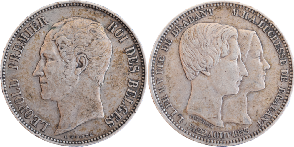 5 francs Léopold Premier Mariage du duc et de la duchesse de Brabant 1853  droit et revers