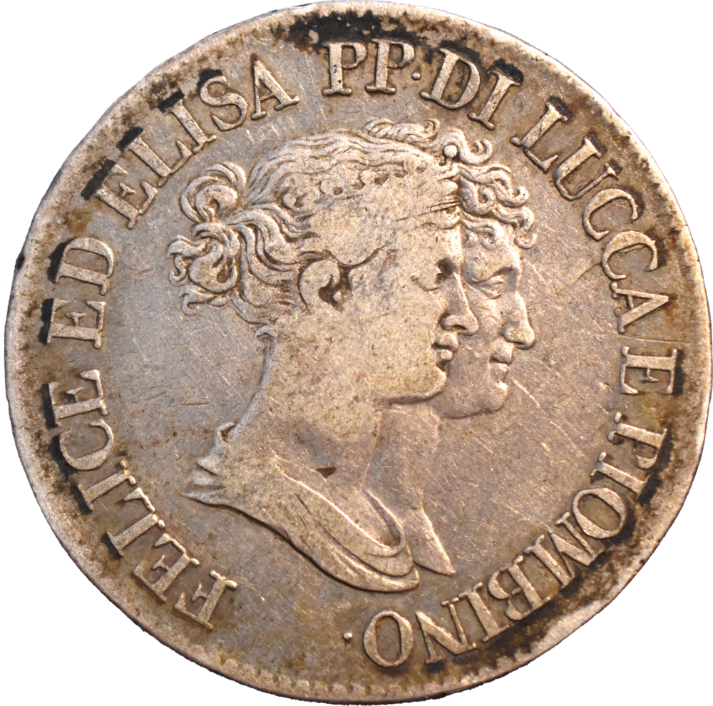 5 franchi Principauté de Lucques et Piombino, Maria Anna Bonaparte et Félix Baciocchi 1808/7 droit