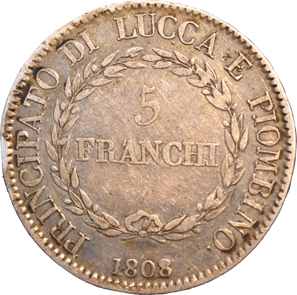 5 franchi Principauté de Lucques et Piombino, Maria Anna Bonaparte et Félix Baciocchi 1808/7 revers