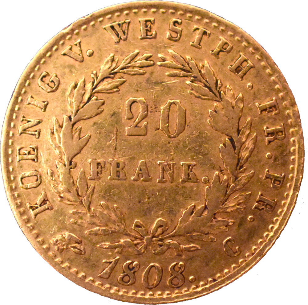 20 franken Royaume de Westphalie Napoléon Hieronymus 1808 C «fautée» revers