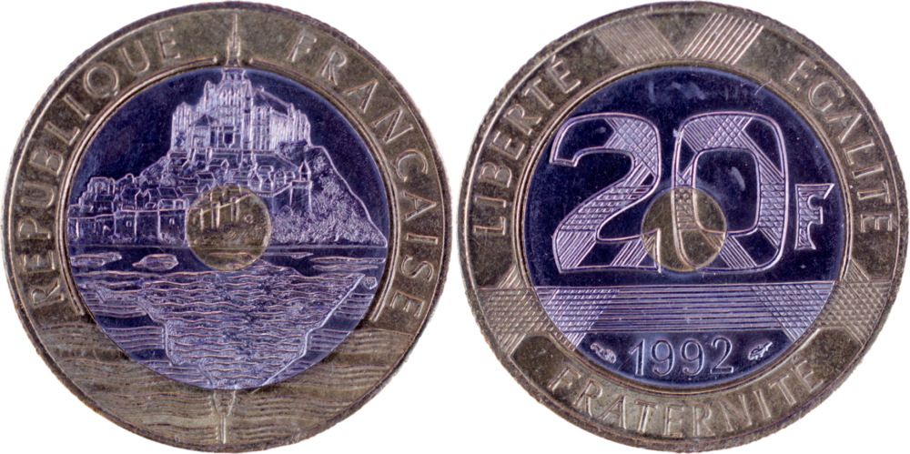 20 francs Mont Saint-Michel 1992 droit et revers