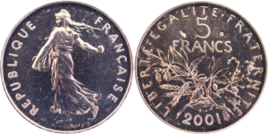5 francs Semeuse 2001 BU/FDC cupro-nickel droit et revers