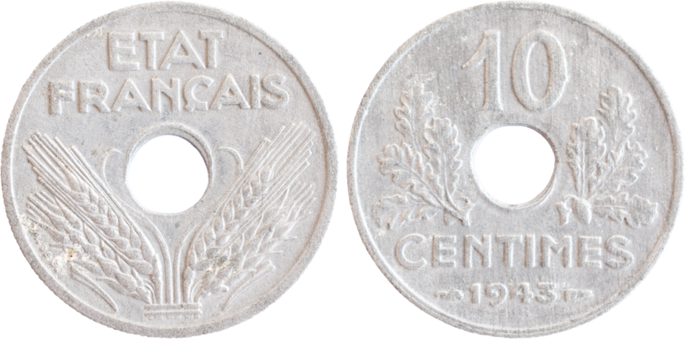 10 centimes Etat Français 1943 « Fautée » SPL droit et revers