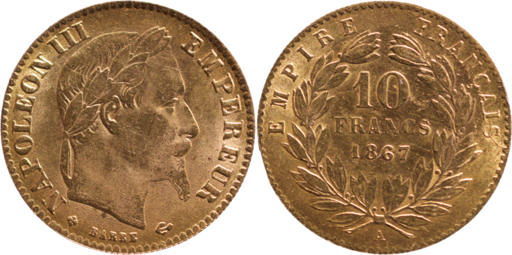 Faux en or 10 francs Napoléon III 1867 A droit et revers