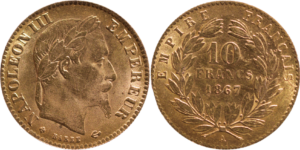 Faux en or 10 francs Napoléon III 1867 A droit et revers