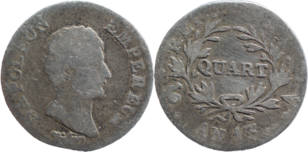 Quart de franc République Française, Napoléon Empereur AN 13 (1804-1805) B droit et revers