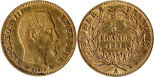 5 francs or Napoléon III 1858 A TTB + droit et revers