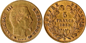 5 francs or Napoléon III 1859 BB SUP droit et revers