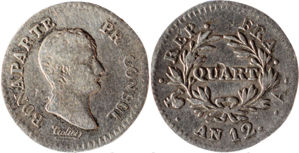 Quart de franc République Française Bonaparte premier Consul AN 12 (1803-1804) TB droit et revers