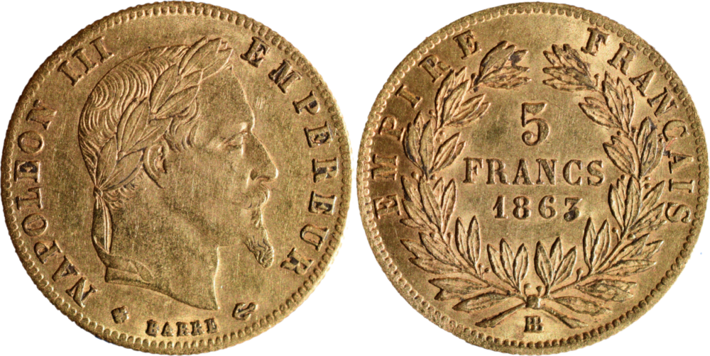 5 francs Or Napoléon III 1863 BB TTB + droit et revers