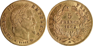 5 francs Or Napoléon III 1863 BB TTB + droit et revers