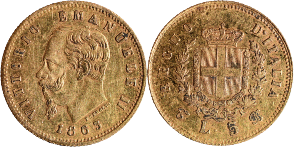 5 lire or Vittorio Emanuele II 1863 T SUP+/SPL droit et revers