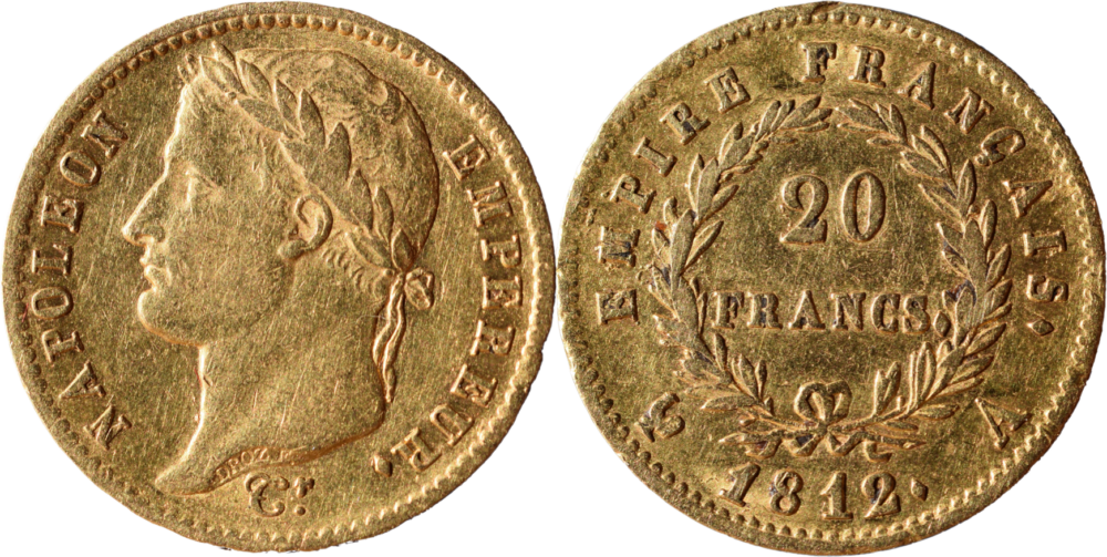 20 francs Napoléon empereur 1812 A TTB "Fautée" droit et revers