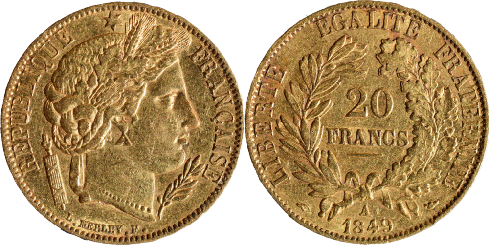 20 francs Cérès 1849 A TTB + Fautée droit et revers