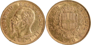20 lire or Vittorio Emanuele II 1863 SPL droit et revers