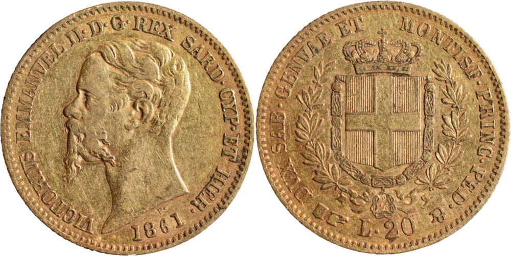 20 lire or Vittorio Emanuele II Re di Sardegna 1861 TTB droit et revers