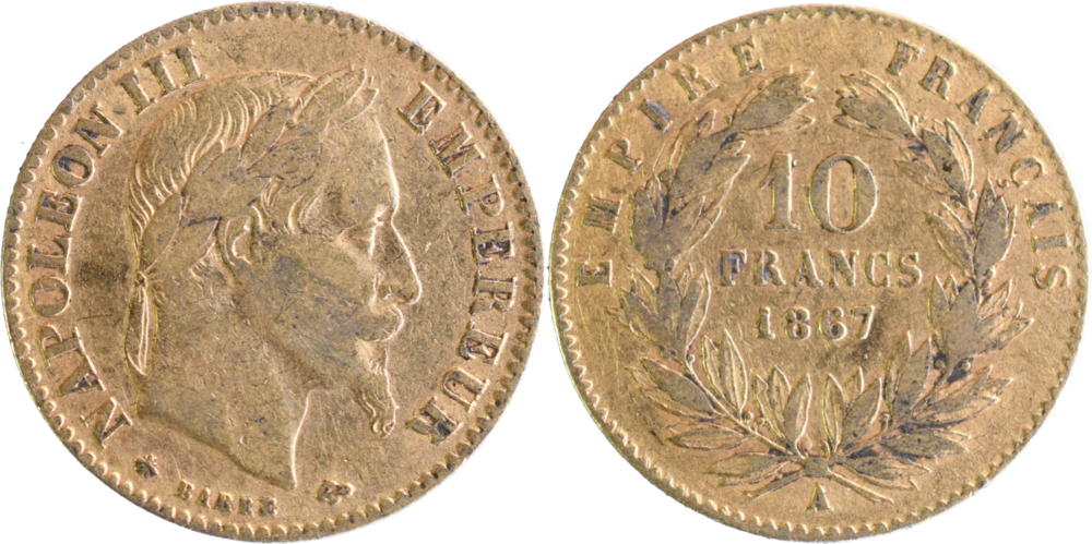 10 francs Napoléon III 1867 A TTB droit et revers