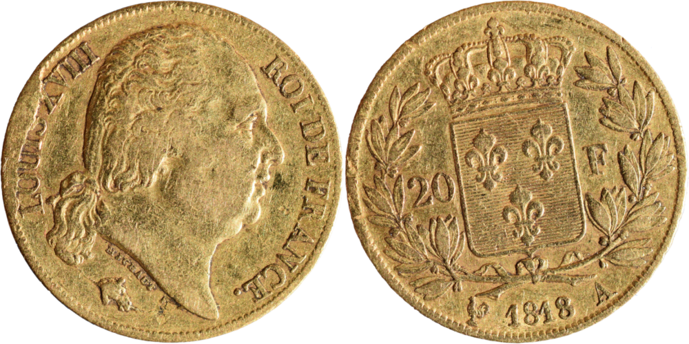 20 francs Louis XVIII 1818 A fautée droit et revers