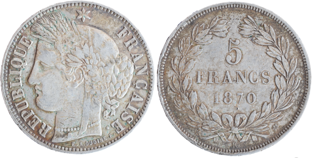 5 francs Cérès 1870 K Sans légende TTB droit et revers