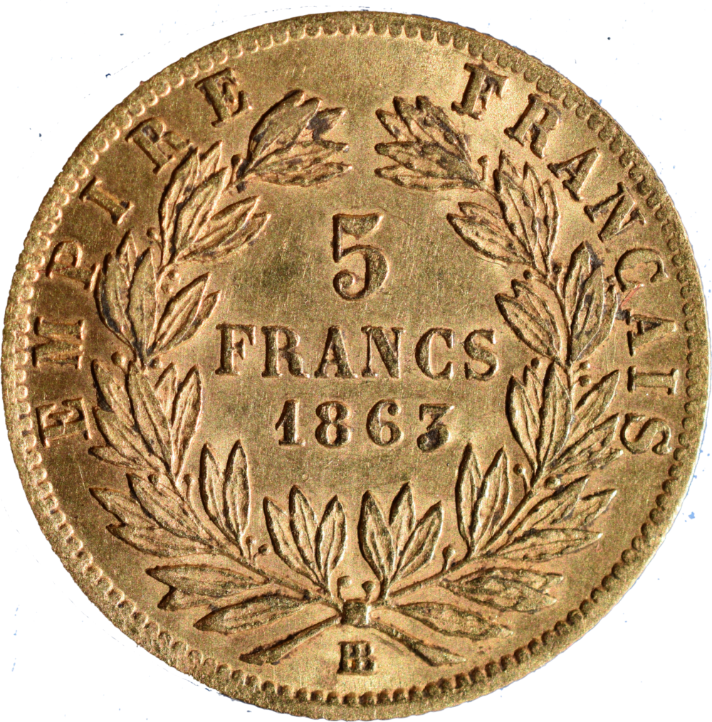 5 francs Or Napoléon III 1863 BB TTB + revers