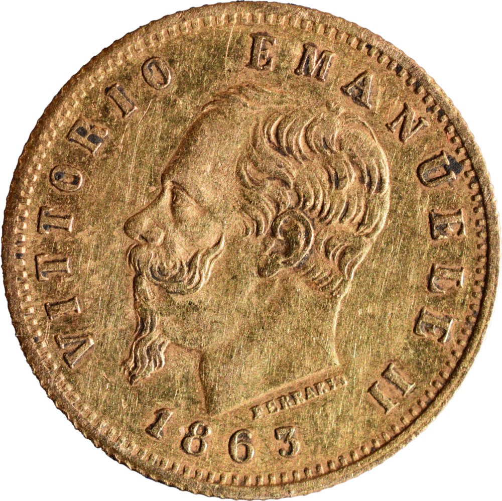 5 lire or Vittorio Emanuele II 1863 T SUP+/SPL droit