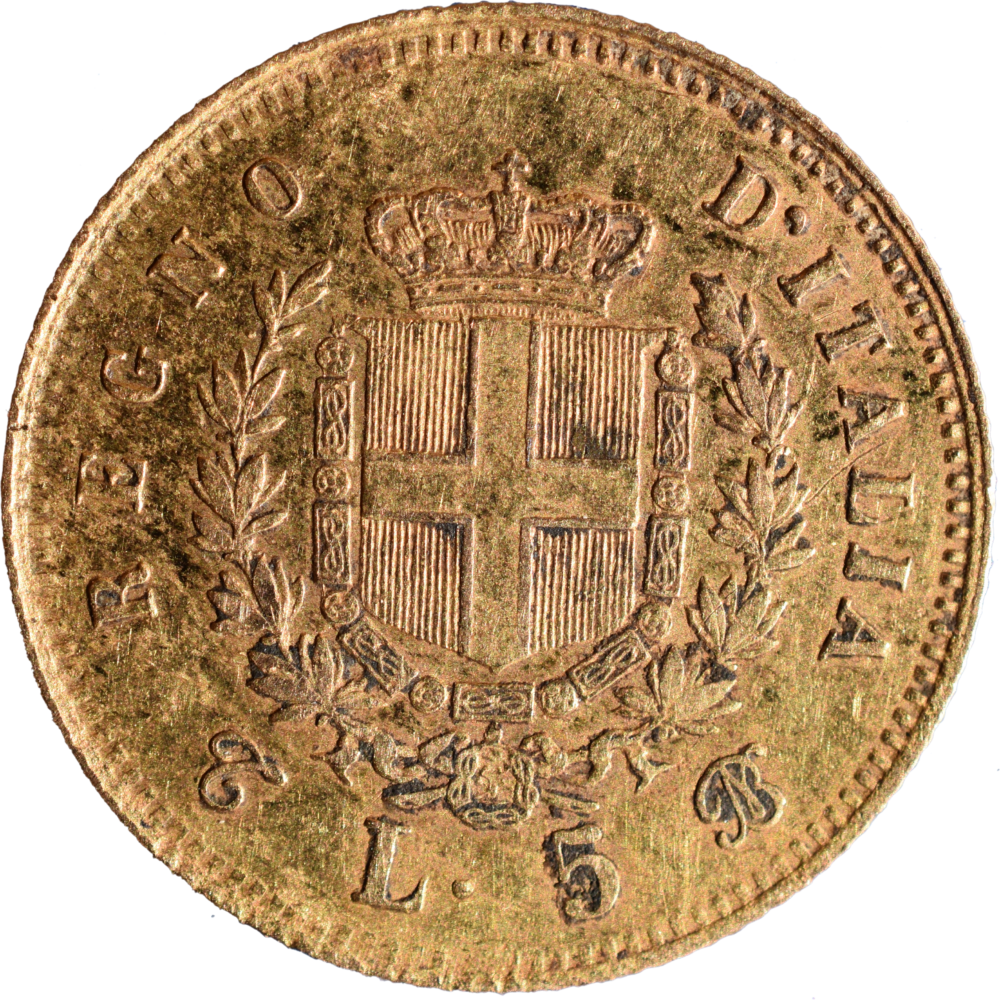 5 lire or Vittorio Emanuele II 1863 T SUP+/SPL revers