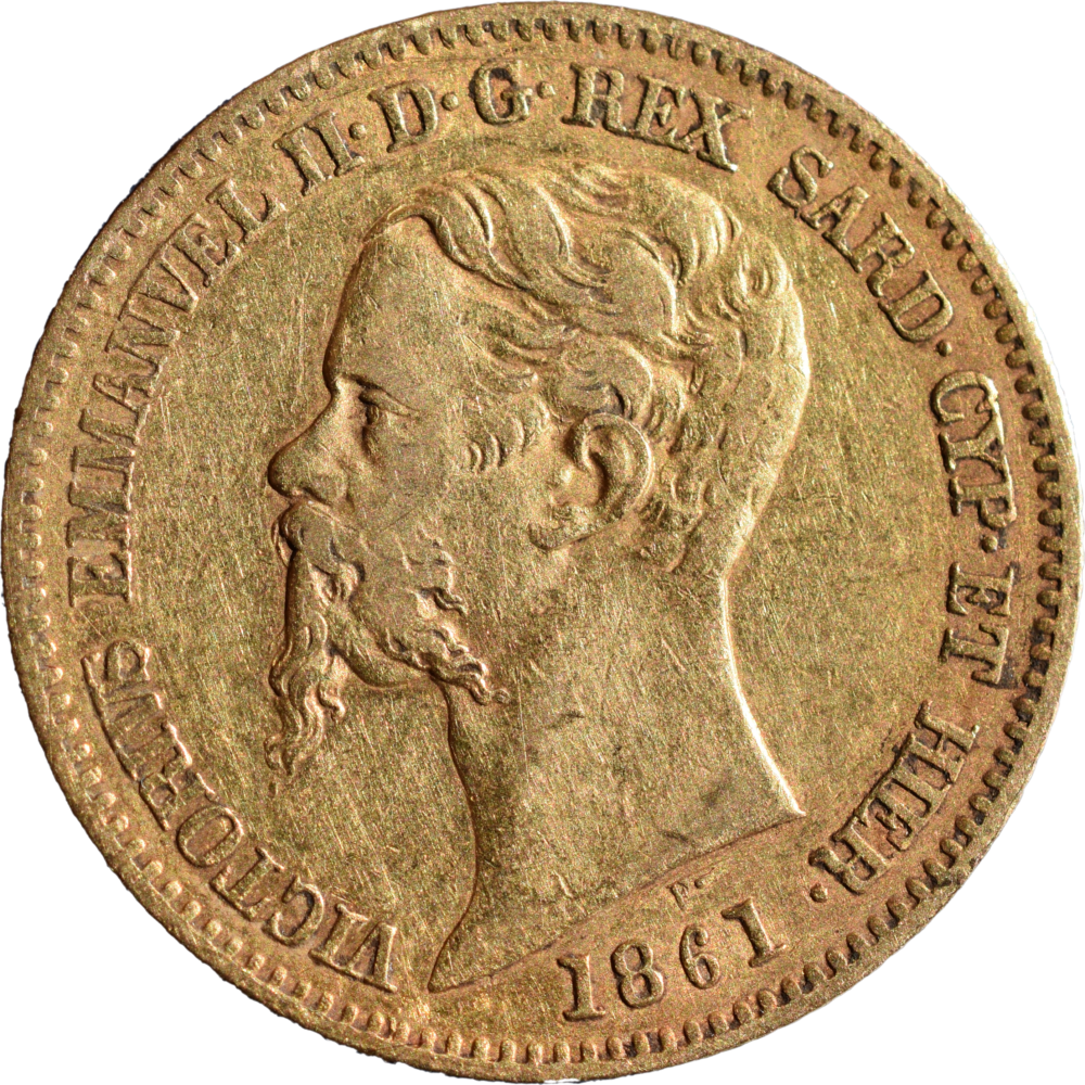 20 lire or Vittorio Emanuele II Re di Sardegna 1861 TTB droit