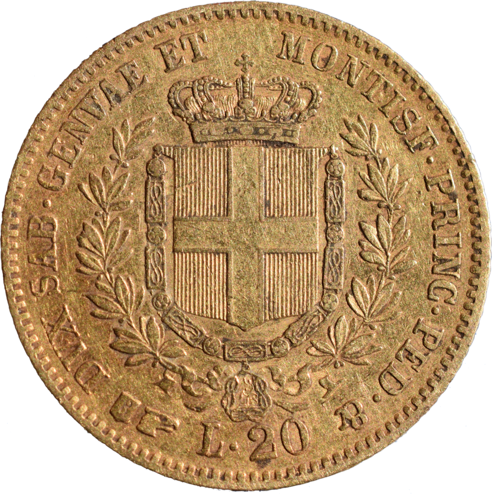 20 lire or Vittorio Emanuele II Re di Sardegna 1861 TTB revers